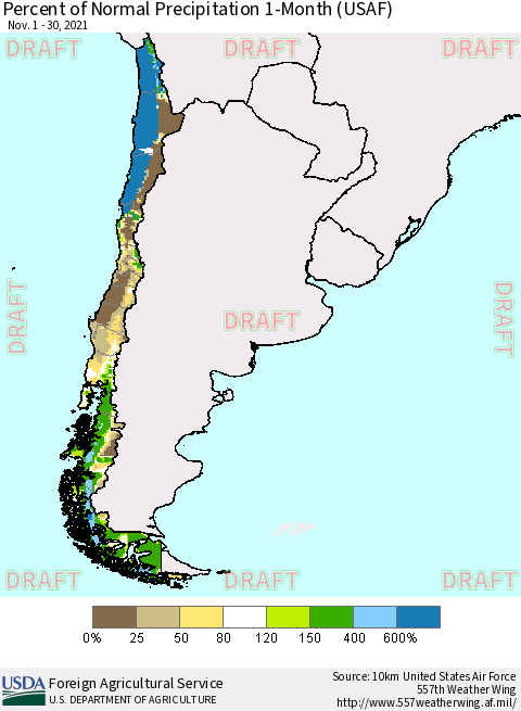 Chile Percent of Normal Precipitation 1-Month (USAF) Thematic Map For 11/1/2021 - 11/30/2021