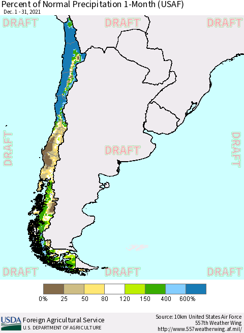 Chile Percent of Normal Precipitation 1-Month (USAF) Thematic Map For 12/1/2021 - 12/31/2021