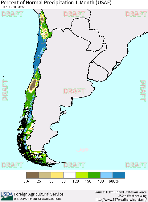 Chile Percent of Normal Precipitation 1-Month (USAF) Thematic Map For 1/1/2022 - 1/31/2022