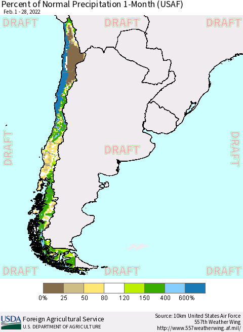 Chile Percent of Normal Precipitation 1-Month (USAF) Thematic Map For 2/1/2022 - 2/28/2022