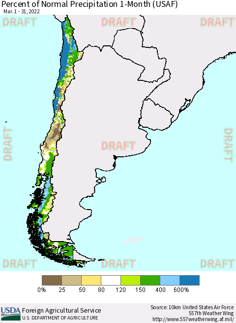 Chile Percent of Normal Precipitation 1-Month (USAF) Thematic Map For 3/1/2022 - 3/31/2022