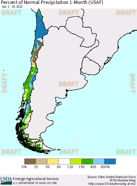 Chile Percent of Normal Precipitation 1-Month (USAF) Thematic Map For 4/1/2022 - 4/30/2022