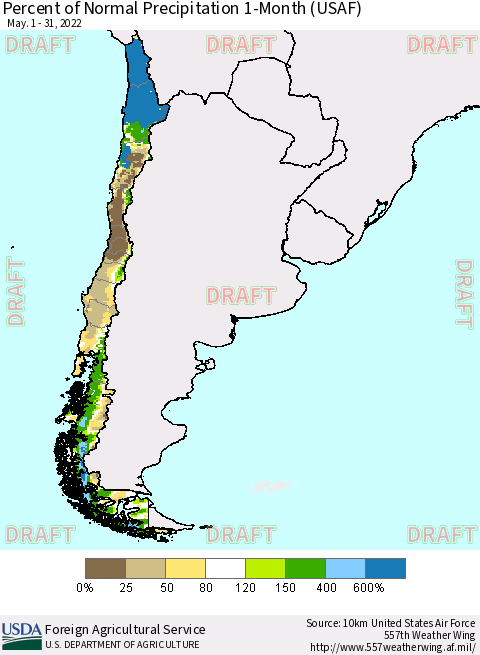 Chile Percent of Normal Precipitation 1-Month (USAF) Thematic Map For 5/1/2022 - 5/31/2022