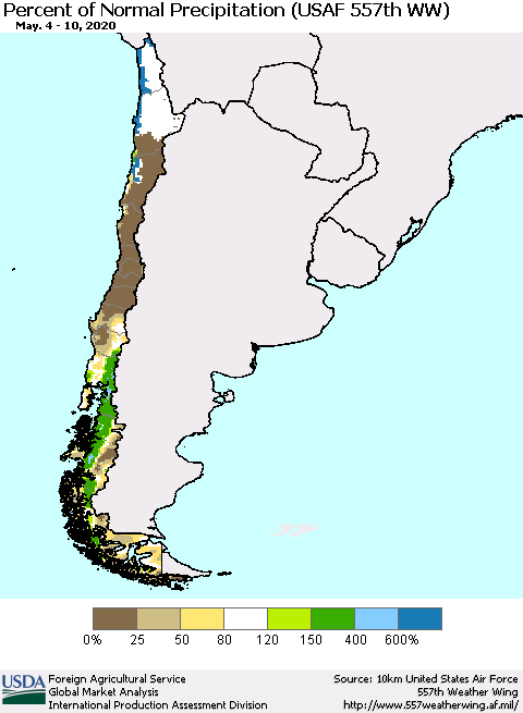 Chile Percent of Normal Precipitation (USAF 557th WW) Thematic Map For 5/4/2020 - 5/10/2020