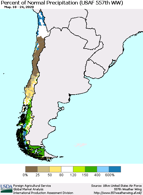 Chile Percent of Normal Precipitation (USAF 557th WW) Thematic Map For 5/18/2020 - 5/24/2020