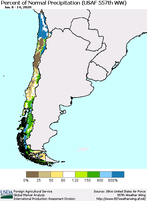 Chile Percent of Normal Precipitation (USAF 557th WW) Thematic Map For 6/8/2020 - 6/14/2020