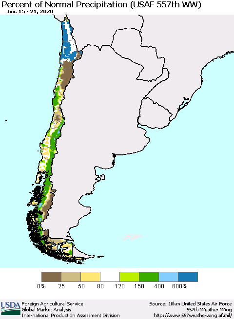 Chile Percent of Normal Precipitation (USAF 557th WW) Thematic Map For 6/15/2020 - 6/21/2020