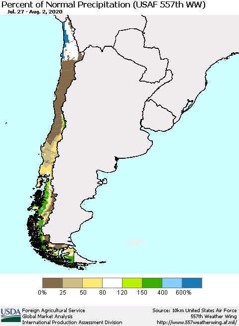 Chile Percent of Normal Precipitation (USAF 557th WW) Thematic Map For 7/27/2020 - 8/2/2020