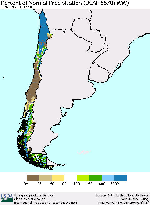 Chile Percent of Normal Precipitation (USAF 557th WW) Thematic Map For 10/5/2020 - 10/11/2020
