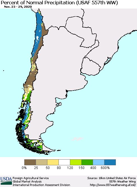 Chile Percent of Normal Precipitation (USAF 557th WW) Thematic Map For 11/23/2020 - 11/29/2020