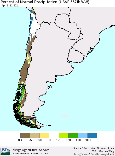 Chile Percent of Normal Precipitation (USAF 557th WW) Thematic Map For 4/5/2021 - 4/11/2021