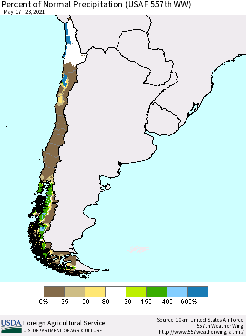 Chile Percent of Normal Precipitation (USAF 557th WW) Thematic Map For 5/17/2021 - 5/23/2021