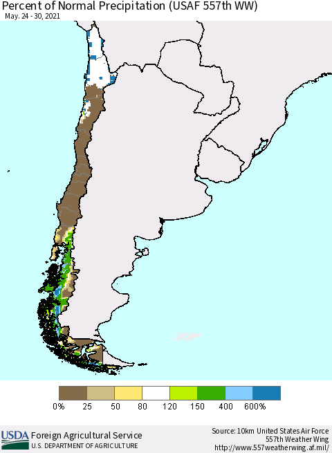 Chile Percent of Normal Precipitation (USAF 557th WW) Thematic Map For 5/24/2021 - 5/30/2021