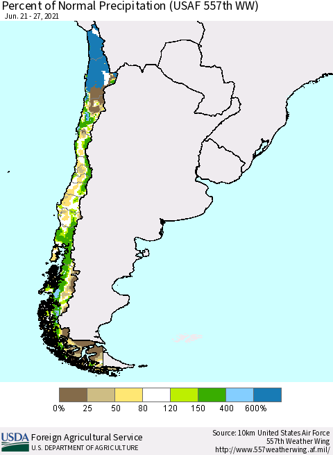Chile Percent of Normal Precipitation (USAF 557th WW) Thematic Map For 6/21/2021 - 6/27/2021