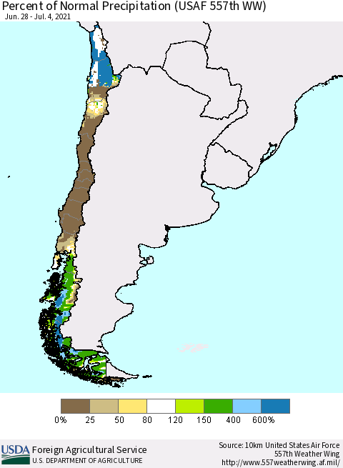Chile Percent of Normal Precipitation (USAF 557th WW) Thematic Map For 6/28/2021 - 7/4/2021