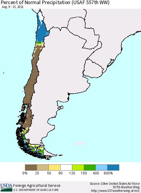 Chile Percent of Normal Precipitation (USAF 557th WW) Thematic Map For 8/9/2021 - 8/15/2021