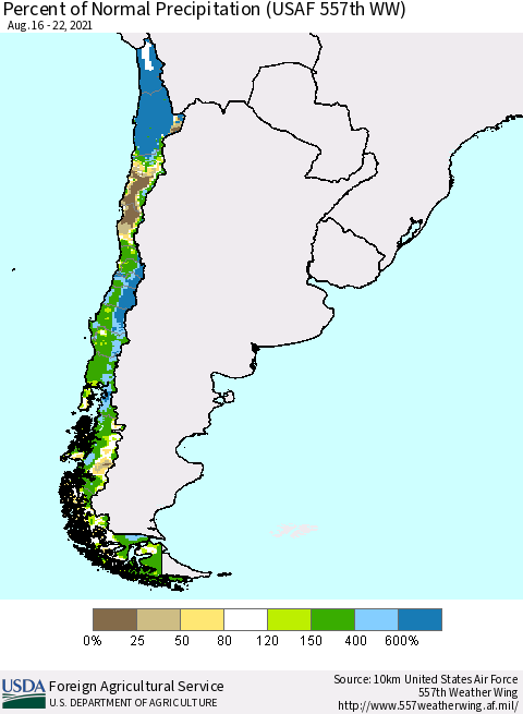 Chile Percent of Normal Precipitation (USAF 557th WW) Thematic Map For 8/16/2021 - 8/22/2021