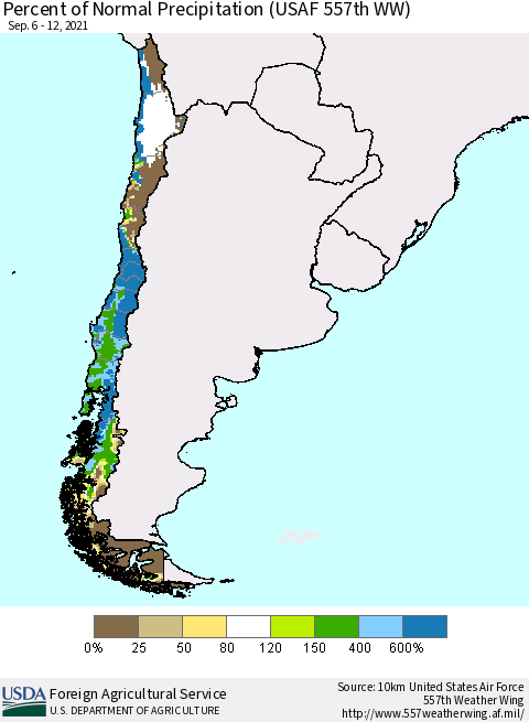 Chile Percent of Normal Precipitation (USAF 557th WW) Thematic Map For 9/6/2021 - 9/12/2021