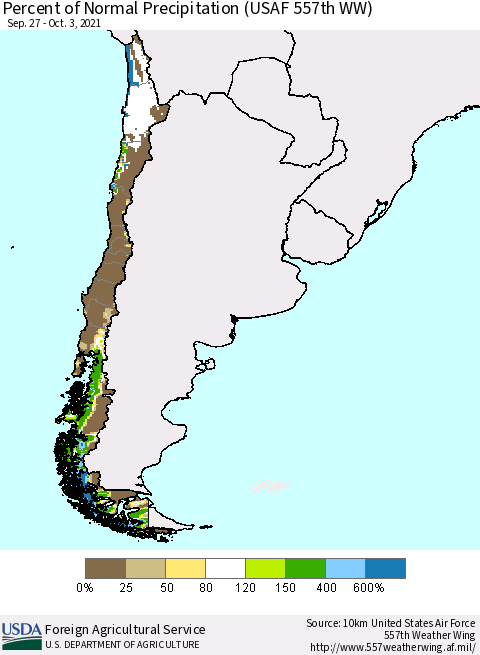 Chile Percent of Normal Precipitation (USAF 557th WW) Thematic Map For 9/27/2021 - 10/3/2021