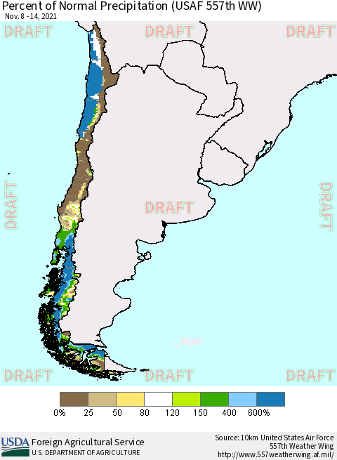 Chile Percent of Normal Precipitation (USAF 557th WW) Thematic Map For 11/8/2021 - 11/14/2021