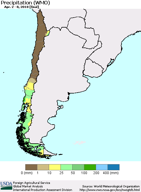 Chile Precipitation (WMO) Thematic Map For 4/2/2018 - 4/8/2018