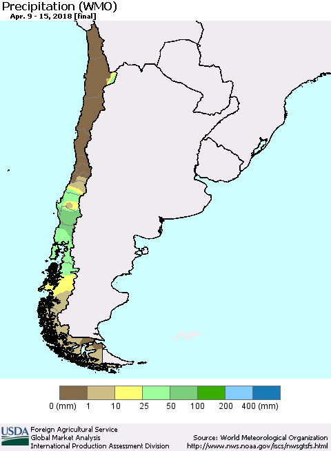 Chile Precipitation (WMO) Thematic Map For 4/9/2018 - 4/15/2018