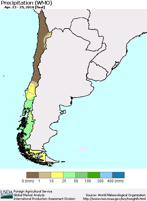 Chile Precipitation (WMO) Thematic Map For 4/23/2018 - 4/29/2018