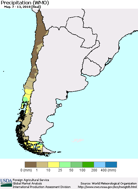 Chile Precipitation (WMO) Thematic Map For 5/7/2018 - 5/13/2018