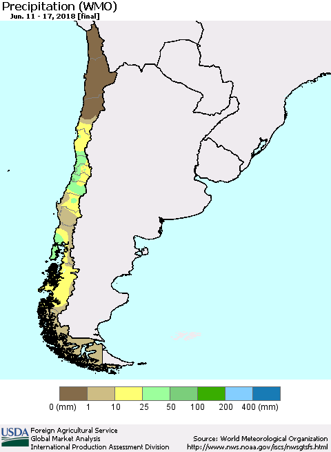 Chile Precipitation (WMO) Thematic Map For 6/11/2018 - 6/17/2018