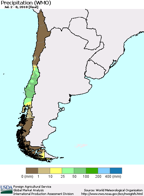Chile Precipitation (WMO) Thematic Map For 7/2/2018 - 7/8/2018