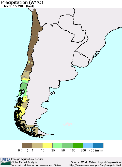 Chile Precipitation (WMO) Thematic Map For 7/9/2018 - 7/15/2018
