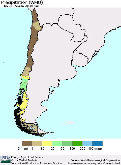 Chile Precipitation (WMO) Thematic Map For 7/30/2018 - 8/5/2018