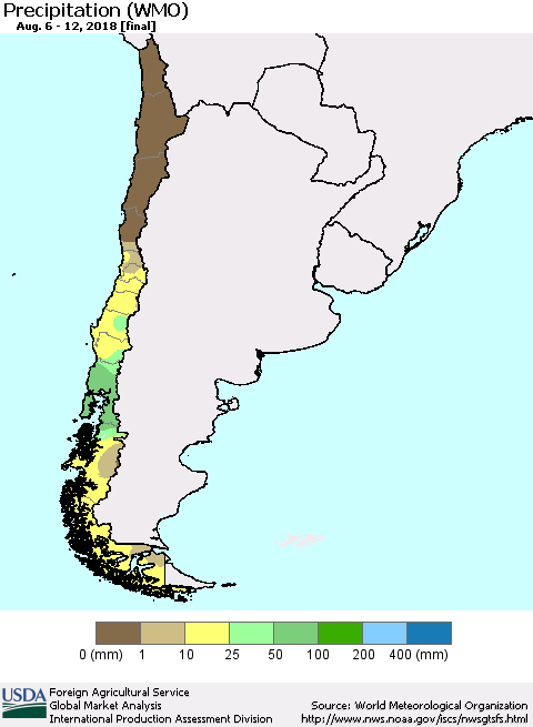 Chile Precipitation (WMO) Thematic Map For 8/6/2018 - 8/12/2018
