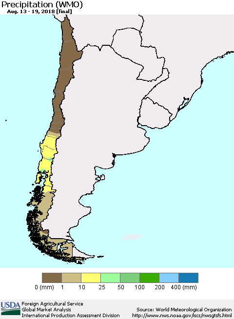 Chile Precipitation (WMO) Thematic Map For 8/13/2018 - 8/19/2018