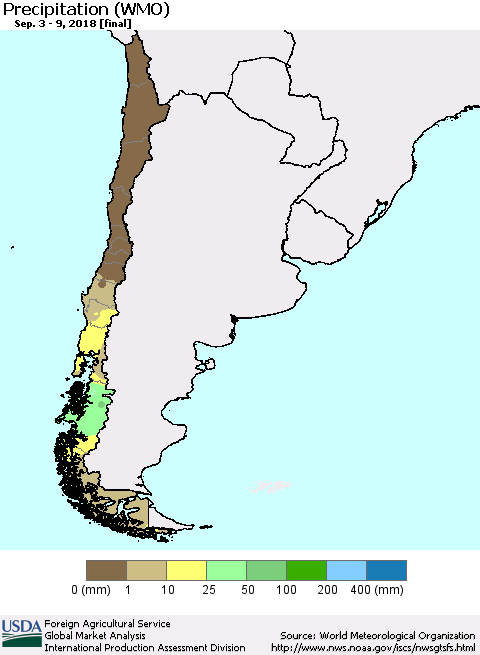 Chile Precipitation (WMO) Thematic Map For 9/3/2018 - 9/9/2018
