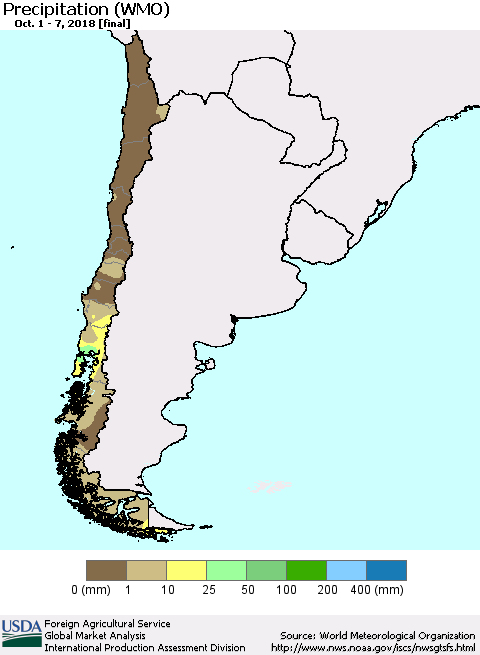 Chile Precipitation (WMO) Thematic Map For 10/1/2018 - 10/7/2018