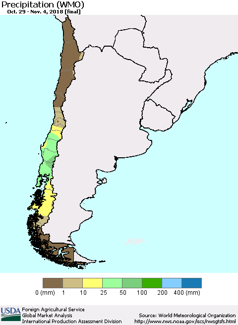 Chile Precipitation (WMO) Thematic Map For 10/29/2018 - 11/4/2018