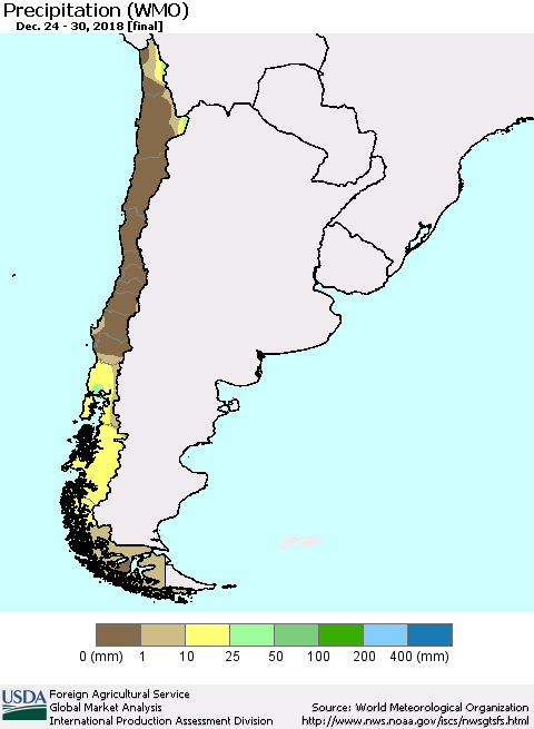 Chile Precipitation (WMO) Thematic Map For 12/24/2018 - 12/30/2018