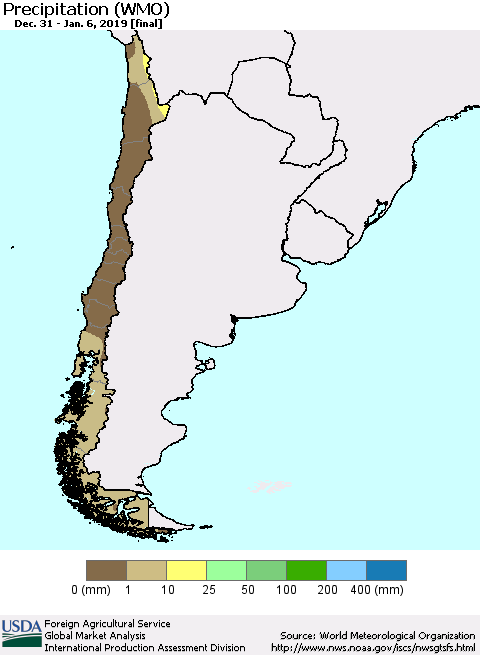 Chile Precipitation (WMO) Thematic Map For 12/31/2018 - 1/6/2019