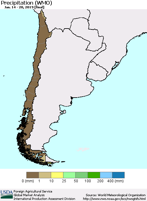 Chile Precipitation (WMO) Thematic Map For 1/14/2019 - 1/20/2019