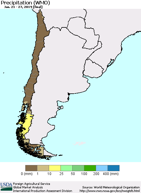 Chile Precipitation (WMO) Thematic Map For 1/21/2019 - 1/27/2019