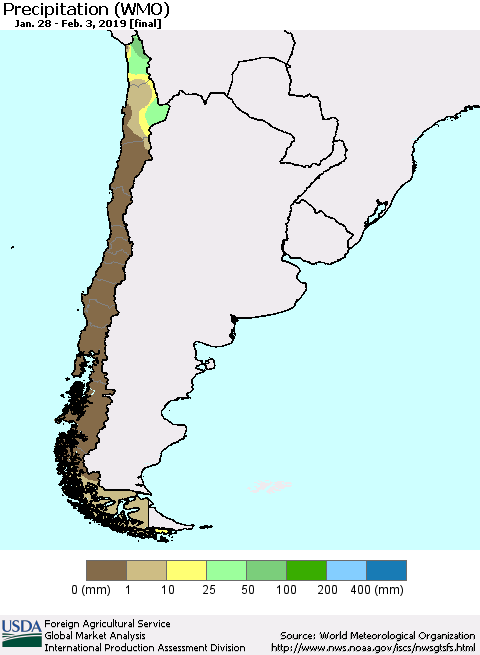 Chile Precipitation (WMO) Thematic Map For 1/28/2019 - 2/3/2019