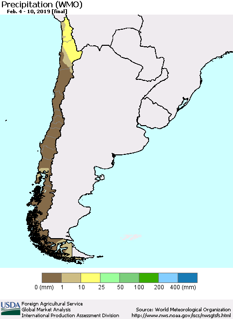 Chile Precipitation (WMO) Thematic Map For 2/4/2019 - 2/10/2019