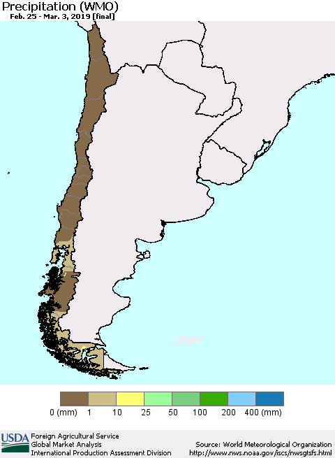 Chile Precipitation (WMO) Thematic Map For 2/25/2019 - 3/3/2019