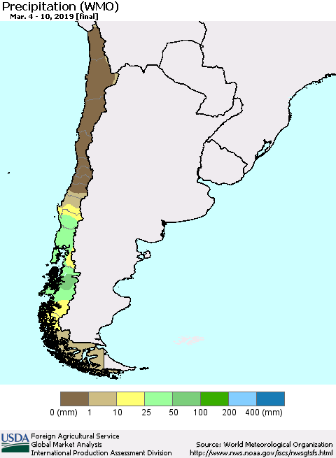 Chile Precipitation (WMO) Thematic Map For 3/4/2019 - 3/10/2019
