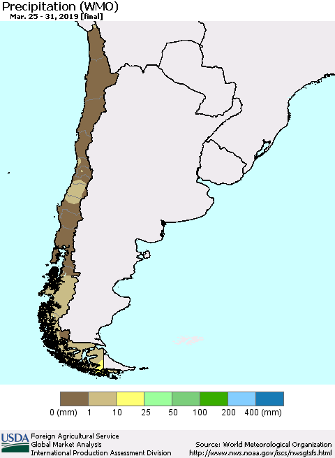 Chile Precipitation (WMO) Thematic Map For 3/25/2019 - 3/31/2019