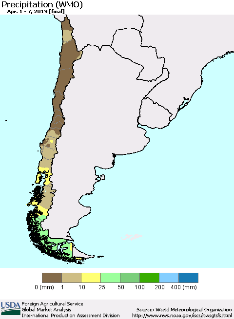 Chile Precipitation (WMO) Thematic Map For 4/1/2019 - 4/7/2019