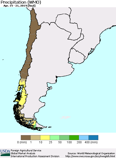 Chile Precipitation (WMO) Thematic Map For 4/15/2019 - 4/21/2019