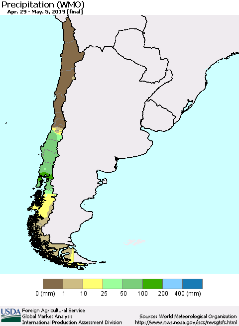 Chile Precipitation (WMO) Thematic Map For 4/29/2019 - 5/5/2019