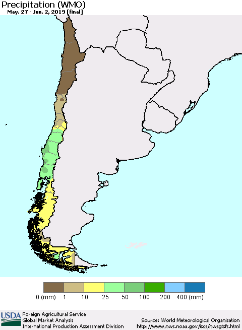 Chile Precipitation (WMO) Thematic Map For 5/27/2019 - 6/2/2019
